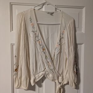 American Eagle Outfitters Cream Embroidered Tie-Front Blouse